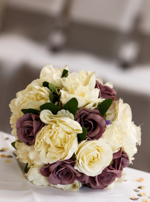 Bridal bouquet of flowers on table in wedding ceremony