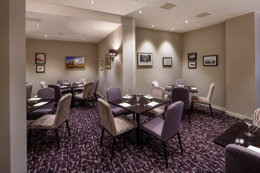 The Brasserie at Mercure Norwich Hotel, purple velvet chairs, purple carpet