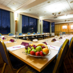 The Club Room at Mercure Norwich Hotel, set up for a meeting, fruit bowl on table