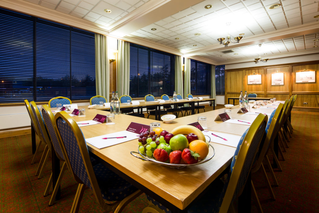 The Club Room at Mercure Norwich Hotel, set up for a meeting, fruit bowl on table