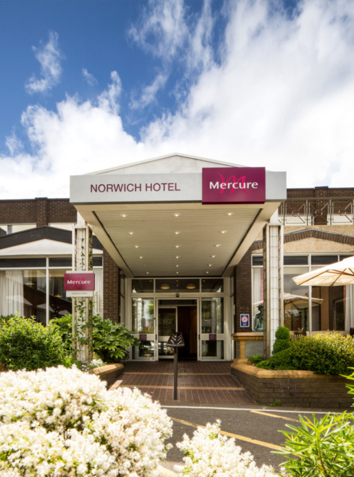 Exterior shot of Mercure Norwich Hotel, hotel entrance walkway